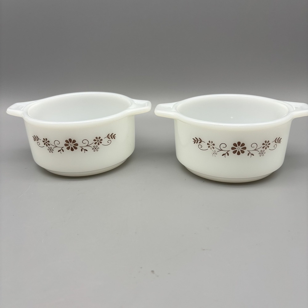 Vintage Pyr-O-Rey‎ Dyna Ware 2 Small Milk Glass Casserole Dishes Brown Floral